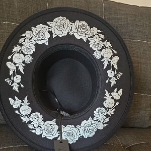 Dolls Kill Widow Colletion, Black Hat with White Rose Design